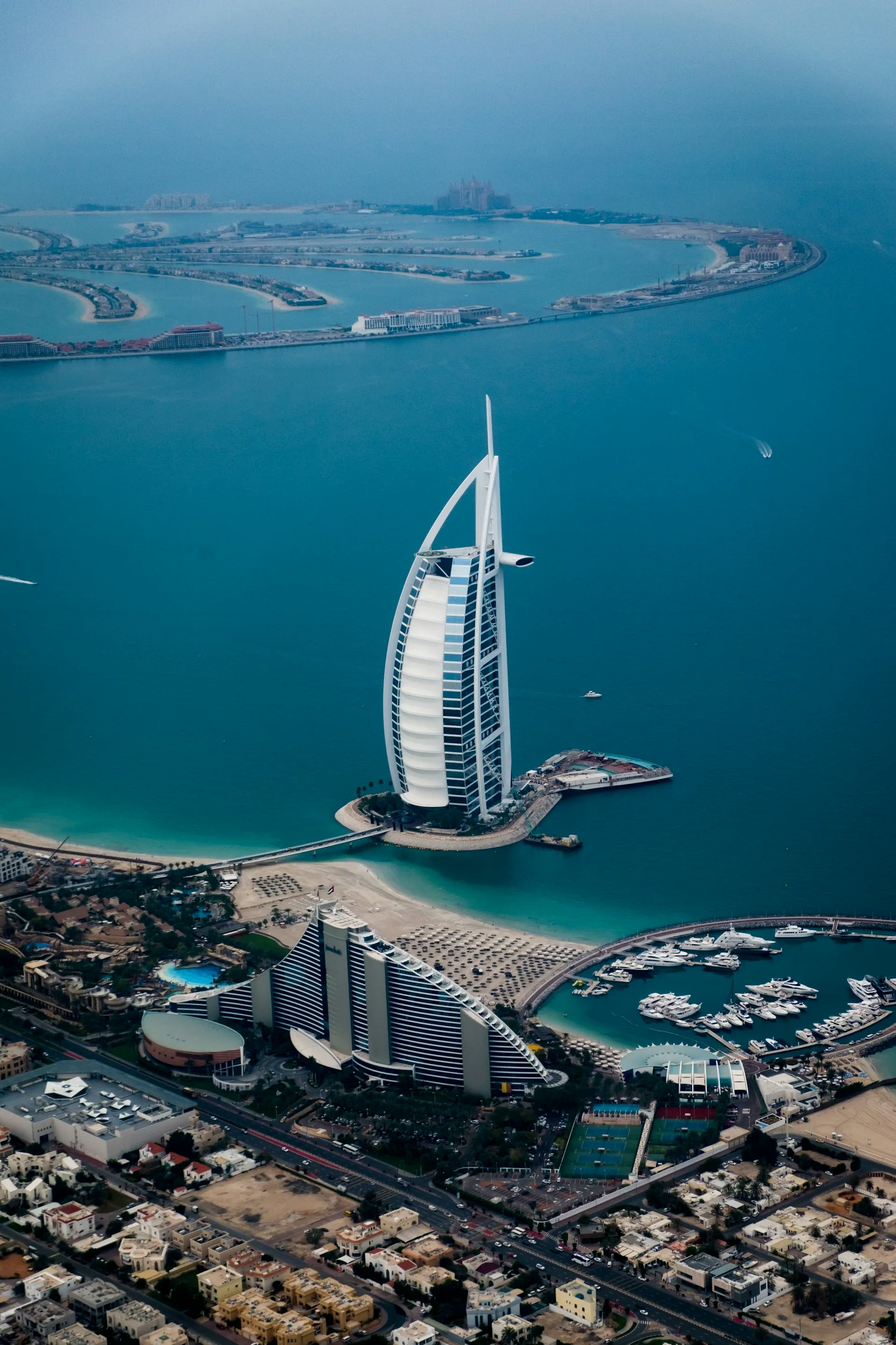 Aerial view of Dubai coastline and Burj Al Arab